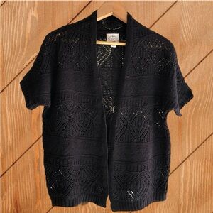 Black Open Weave Cardigan Cap Sleeve Linen Cotton  Med